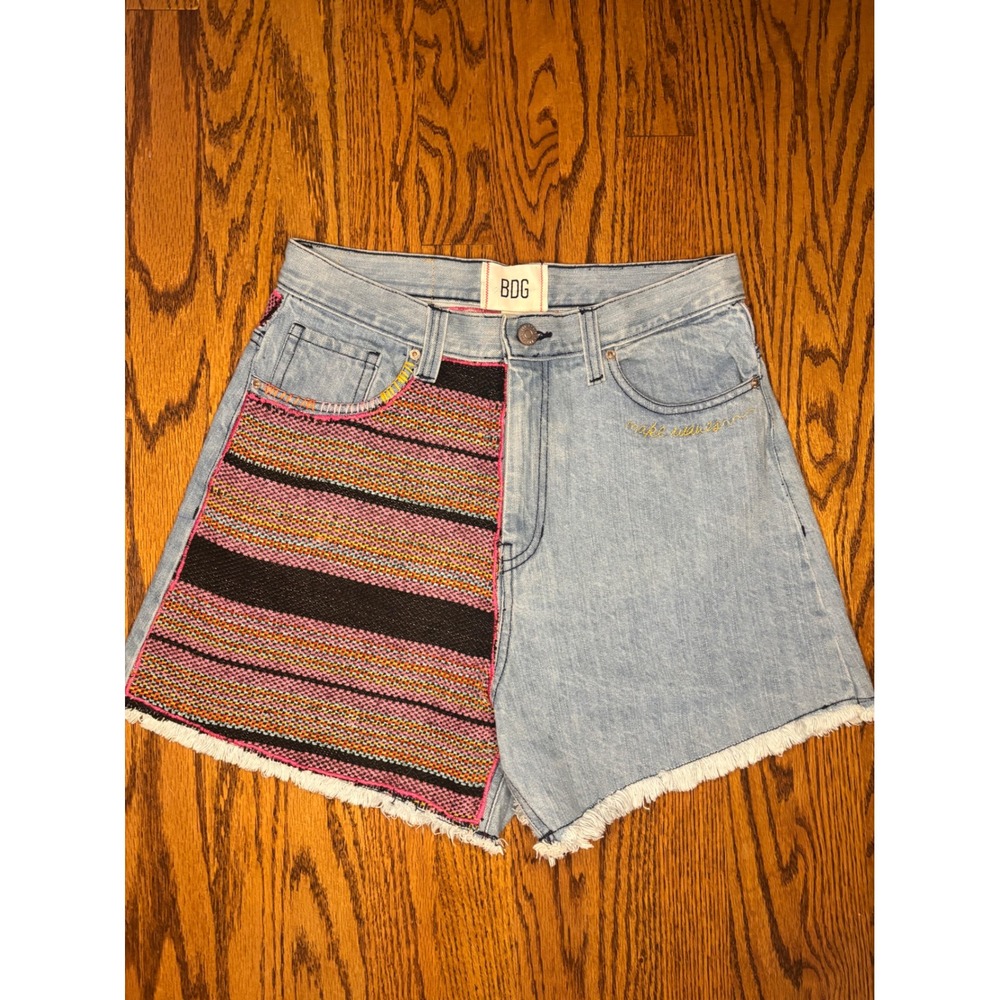 BDG Light Blue Denim Shorts with Multicolor Woven Panel